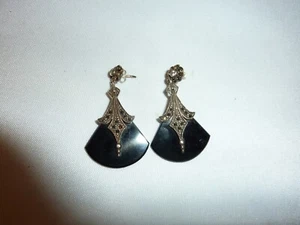 Splendidi orecchini vintage argento sterling onice nera marcasite triangolari - Foto 1 di 4