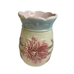 Antique Majolica Floral Vase 5.25 Inch Pink Blue Marked "H" - Picture 1 of 10