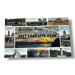 Tarjeta postal saludos desde Salt Lake City Utah multivista tarjeta de lino D327 - Imagen 1 de 2