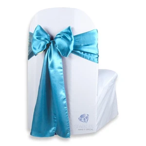 10 pcs Satin Chair Cover Bow Sash 108"x8" - Aqua Blue - Wedding Party mr - Picture 1 of 5