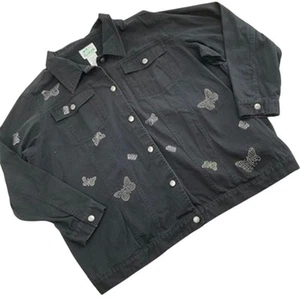 Vintage Y2K Quacker Factory Womens 1X Black Rhinestone Butterfly Denim Jacket - Picture 1 of 16