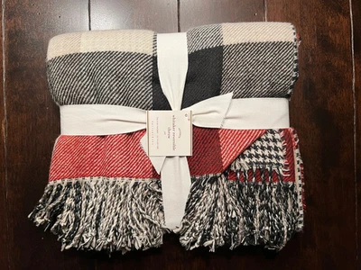 Pottery Barn Whitaker 双面扔格子千鸟格 50x60 红色 黑色 全新 — 第 1/4 张图片