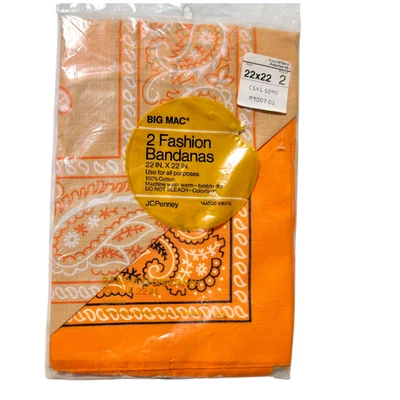 Новые из старых запасов упаковка винтажных бандан JCPenney Big Mac РЕДКИЕ ОРАНЖЕВЫЕ И ЖЕЛТОВАТО-КОРИЧНЕВЫЕ 22x22 - Изображение 1 из 4