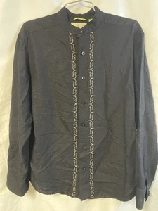 Cubavera Shirt Mens M Black Linen Blend Embroidered Long Sleeve Band Collar - Picture 1 of 10