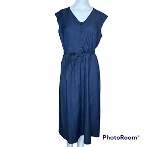 DKNY Wash Denim Tie Waist V-Neck Cap Sleeve Midi Dress Sz 8 NWT - Picture 1 of 11
