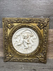 Antique Cast Marble Relief Putti Cherubs Floral Garland Gold Gilt Framed 12x12” - Picture 1 of 12