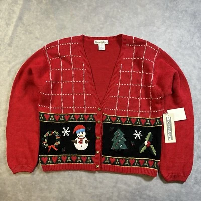 Suéter Cárdigan Vintage Navidad Mujer Grande Rojo Tejido Muñeco de Nieve Árbol de Vacaciones Nuevo con Etiquetas Foto 1 de 4