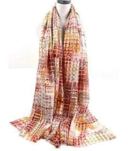 100% wool scarf women neckerchief Shawl wrap large plaid yellow red gray W283 - Picture 1 of 6