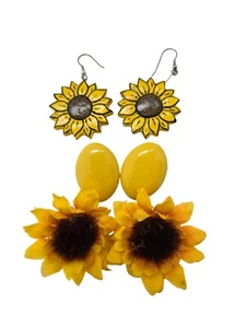 Three Vintage Pair of Sunflower Yellow Pierced Earrings - Picture 1 of 4