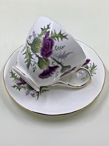 Taza y platillo de porcelana de hueso de cardo púrpura y verde Duchess HIGHLAND BEAUTY - Imagen 1 de 9