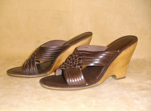 Michael Kors Chocolate Brown Leather Woven High Heel Wedge Slides - Size 8.5 M - Picture 1 of 8