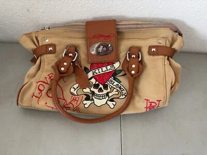Ed Hardy Vintage Y2K Tan Beige Love Kills Slowly Skull Graphic Canvas Purse - Picture 1 of 8