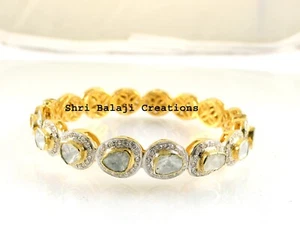 Natural Diamond Polki & Rosecut Diamond 925 Sterling Silver Gold Plated Bangle - Picture 1 of 3
