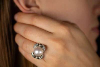 Ring mit Mabe Perle und Diamanten Massiv in 750er Weißgold Perlenring Schmuck - Bild 1 von 4