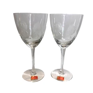 Fine Vintage Long Stemed Wine Glasses From Bulgaria HandCut Crystal Etched Rose - Picture 1 of 11