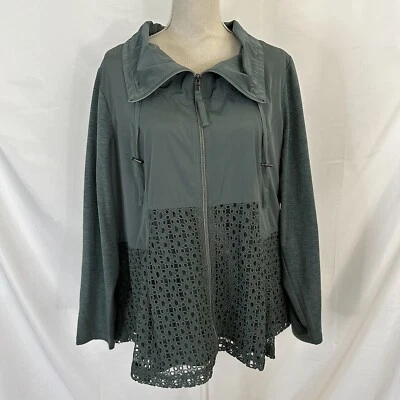 LOGO by Lori Goldstein Jacket 1X Plus w/Eyelet Details Vintage Teal Zip-Front  - Image 1 of 4