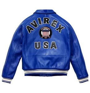 Men's Avirex Real Bomber American Flight Jacket Sheep Leather Jacket Blue New - Picture 1 of 5