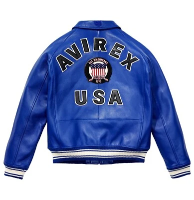 Men's Avirex Real Bomber American Flight Jacket Sheep Leather Jacket Blue New - Image 1 of 4