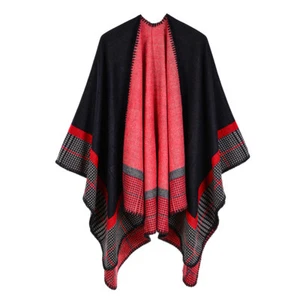 Stripy Women Cashmere Like Poncho Blanket Wrap Shawl Cape Scarf Jumper Cardigan - Picture 1 of 14