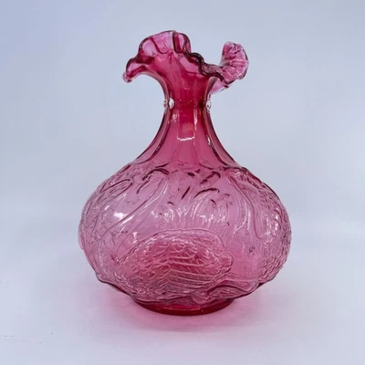 vintage fenton cranberry swans and cattails hand blown vase ruffle top - Image 1 of 4