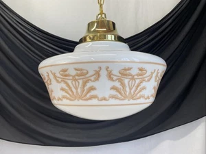 2,3Avail RESTORED 16” Antique Vtg Art Deco Milk Glass Schoolhouse Pendant, Brass - Picture 1 of 24