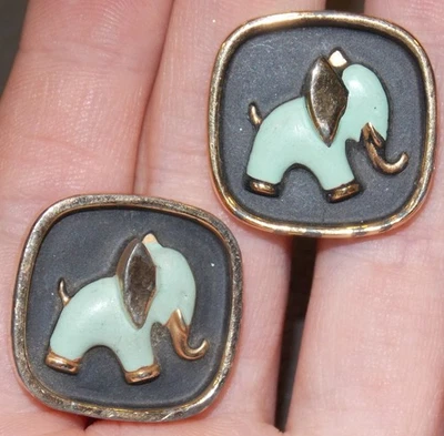 Vintage Hickok USA Elephant Blue Painted Black Goldtone Mens Cufflinks - Image 1 of 4