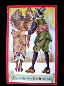 Vintage 1913 Postkarte THANKSGIVING geprägt Indianer & Pilgerbörse - Bild 1 von 2