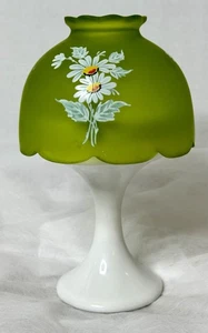 Vtg Westmoreland Tea Light Fairy Lamp Milk & Green Satin Glass Painted Flowers - Picture 1 of 7