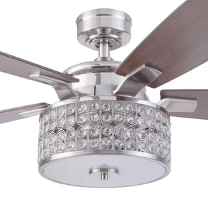 Modern Crystal Ceiling Fan w/ LED Light – Brushed Nickel – 5-Blade – Large Room - Picture 1 of 4