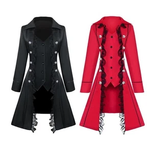 Womens Gothic Long Tailcoat Punk Medieval Lace Jacket - Picture 1 of 7