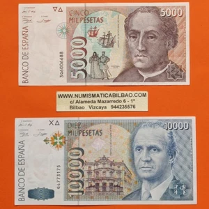 2 billetes MBC- España 5000 PESETAS COLON + 10000 PESETAS 1992 JUAN CARLOS I P/3 - Picture 1 of 7