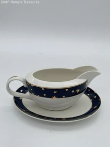 Sakura Galaxy Gravy Boat w/ attached underplate - 24K Gold Stars- Fine Porcelain - Picture 1 of 6