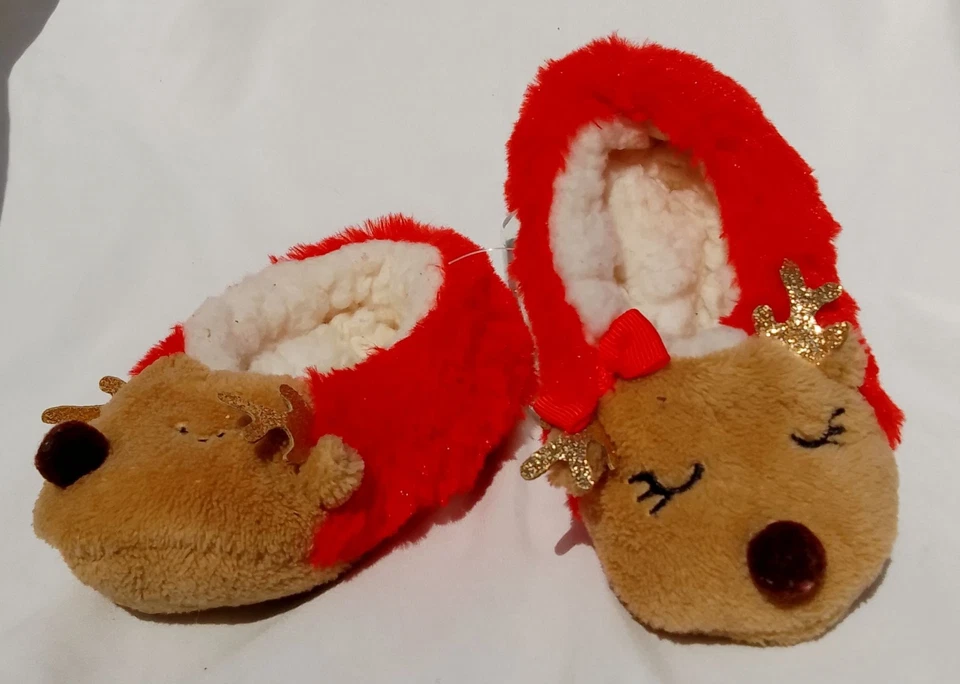 Zapatillas de dormitorio Sherpa forradas de reno rojo y marrón para niñas pequeñas talla 4 Foto 1 de 4