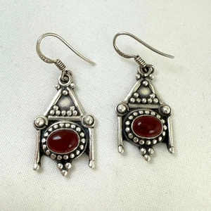 Vintage Tribal Sterling Silver Dangle Earrings W/ Carnelian Cabochon Hook - Picture 1 of 8