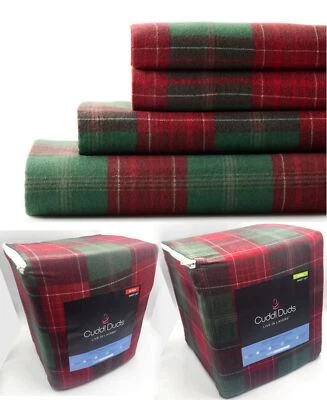 Conjunto de lençóis Cuddl Duds flanela xadrez verde vermelho 100% algodão escovado-QN King - Imagem 1 de 4