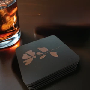 Set of 5 Square Wood Drink Coasters. Stylish. Bumper Feet. Flower Collection. - Picture 1 of 16