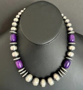 Collar de plata de ley teñida de Sugilite con cuentas de perlas. 18 pulgadas - Imagen 1 de 12