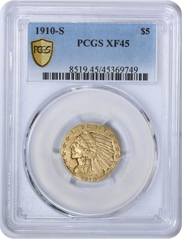 1910-S $5 Gold Indian EF45 PCGS Cover