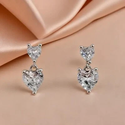 Double Heart Stud Earrings, Sparkling Silver Double Heart Earrings For Her. - Image 1 of 4