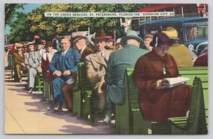 St Petersburg Florida FL, People Sitting on the Famous Green Benches Postcard - Picture 1 of 2