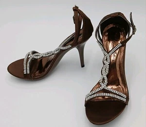 De Blossom Women's Verona-3 Bronze Satin Rhinestone High Heels Size 7 - Picture 1 of 8