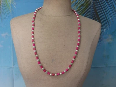 Necklace with Pink Wood Beads & Faux White Pearls - Image 1 of 4
