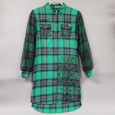 GUESS Shirt Dress Girls sz 14 Green Plaid Long Sleeve Mesh Paint Splatter Print - Image 1 of 4
