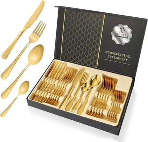 Luxury Gold Plated Flatware Set Stainless Steel for 6 Silverware Kitchen Cutlery - Picture 1 of 8