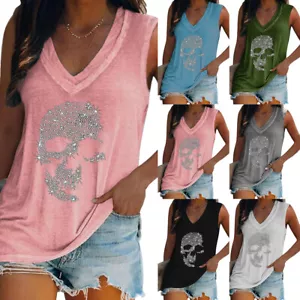 Womens Summer Skull Vest Tank Ladies Sleeveless V Neck T Shirt Tops Blouse - Picture 1 of 18