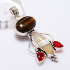 BOTSWANA AGATE, TIGERS EYE & GARNET 925 SILVER HANDMADE PENDANT