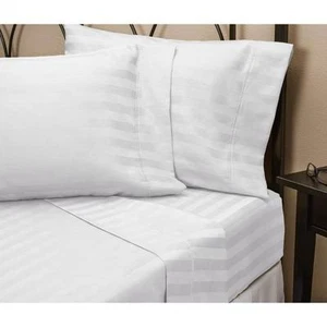 1000 Thread Count 100% Egyptian Cotton 1000 TC Bed Sheet Set Full White Stripe - Picture 1 of 1