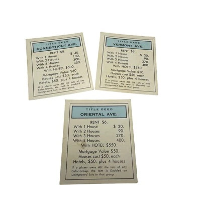 Vintage 1960s Monopoly Title Deed Cards Oriental Connecticut and Vermont Ave - Image 1 of 4