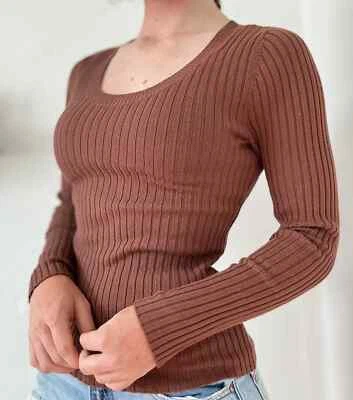 Merona Women's Sweater Lg Cinnamon Ribbed Round Neck Long Sleeve Cotton Blend - Image 1 of 4