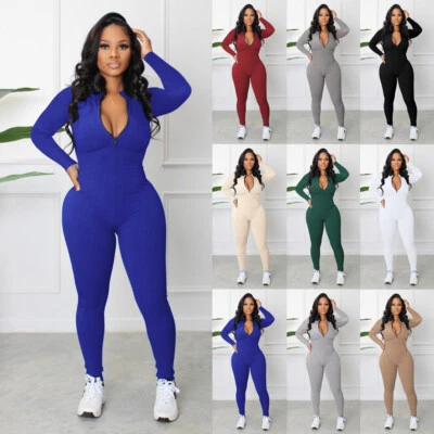 Ladies Long Sleeve Ribbed Zip Bodysuit Stretchy Yoga Jumpsuit Rompers Pants SIZE - Image 1 of 4